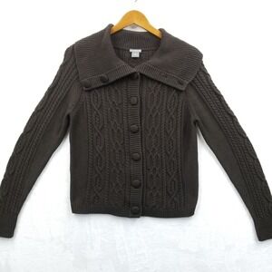 Ann‎ Taylor Cardigan Women L Brown 100% Cotton Cable Knit Long Sleeve Sweater